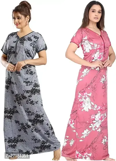 Stylish Multicoloured Satin Nighty For Women Pack Of 2