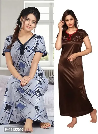 Stylish Multicoloured Satin Nighty For Women Pack Of 2-thumb0