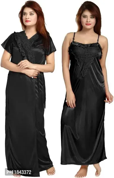 Elegant Black Satin Solid Nighty Set For Women-thumb0