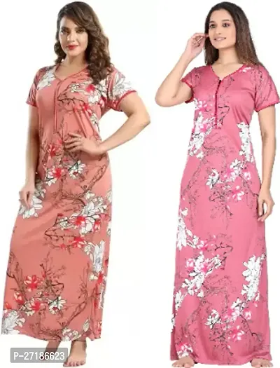 Stylish Multicoloured Satin Nighty For Women Pack Of 2