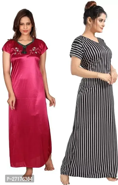 Stylish Multicoloured Satin Nighty For Women Pack Of 2-thumb0