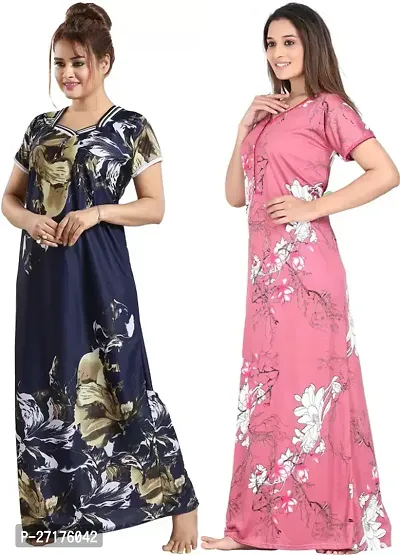 Stylish Multicoloured Satin Nighty For Women Pack Of 2