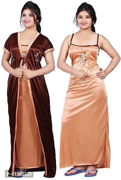 Classy Satin Self Pattern Nighty with Robe For Women Pack Of 2