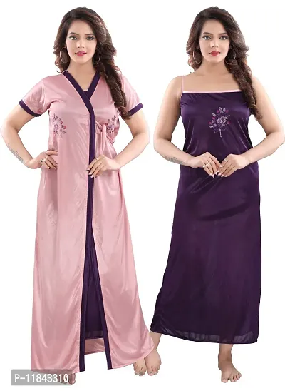 Elegant Multicoloured Satin Embroidered Nighty Set For Women