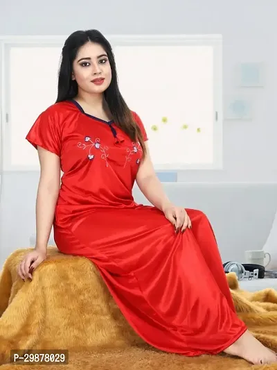 Elegant Red Satin Printed Nighty For Women-thumb0