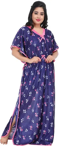 Elegant Blue Satin Printed Nighty For Women-thumb2