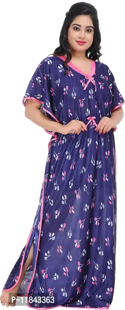 Elegant Blue Satin Printed Nighty For Women-thumb4