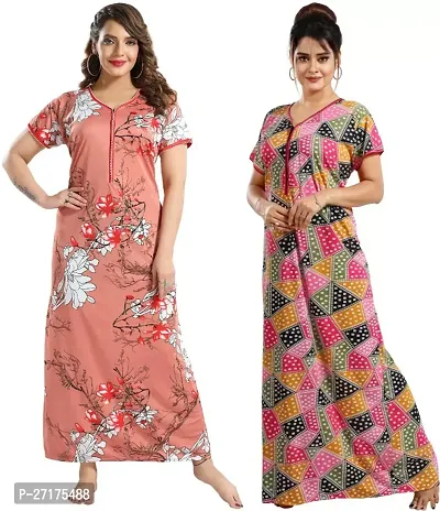 Stylish Multicoloured Satin Nighty For Women Pack Of 2