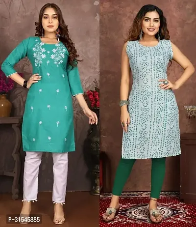 Trendy Multicoloured Embroidered Cotton Blend Kurta For Women Pack Of 2