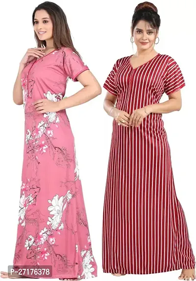 Stylish Multicoloured Satin Nighty For Women Pack Of 2-thumb0