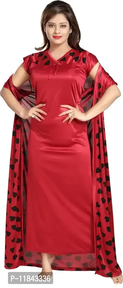 Elegant Red Satin Printed Nighty Set For Women-thumb2