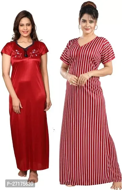 Stylish Multicoloured Satin Nighty For Women Pack Of 2