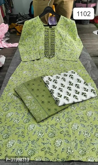 Stylish Green Cotton Blend Printed Kurta, Bottom and Dupatta Set For Women-thumb0