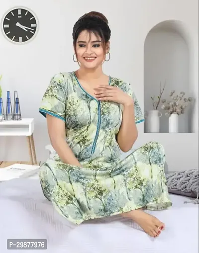 Elegant Green Satin Printed Nighty For Women