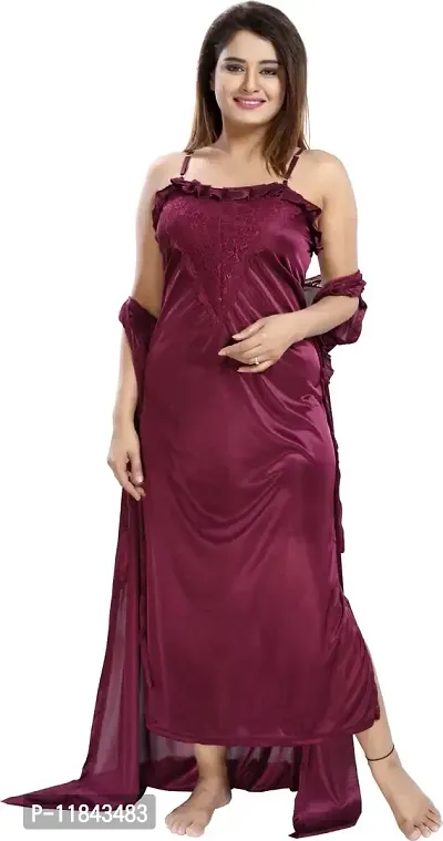 Elegant Multicoloured Satin Embroidered Nighty Set For Women-thumb4