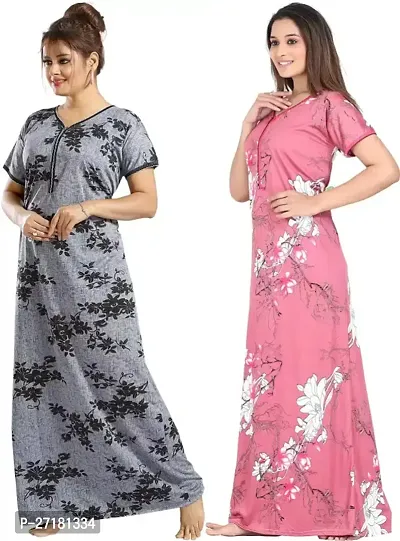 Stylish Multicoloured Satin Nighty For Women Pack Of 2