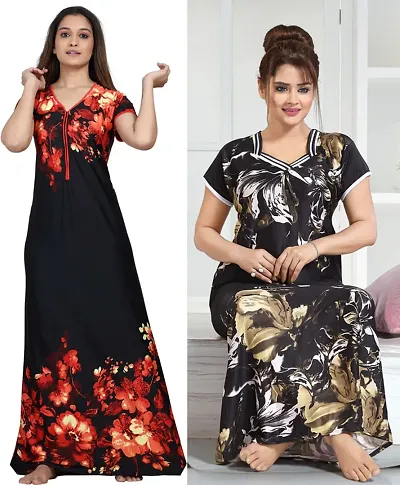 Pack Of 2 Satin Printed Nighty Combo For Women