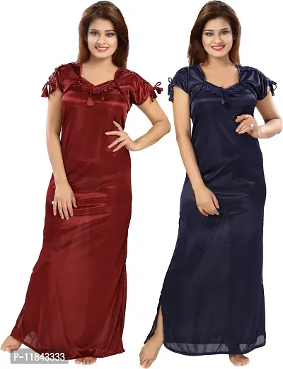 Elegant Multicoloured Satin Solid Nighty Set For Women Pack Of 2