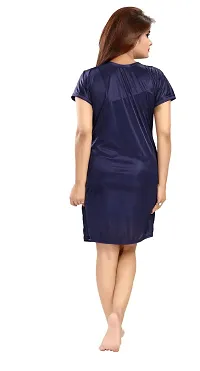 Elegant Navy Blue Satin Solid Nighty Set For Women-thumb3