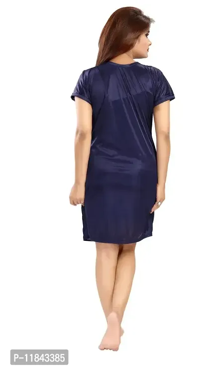 Elegant Navy Blue Satin Solid Nighty Set For Women-thumb4