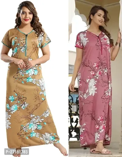 Stylish Multicoloured Satin Nighty For Women Pack Of 2