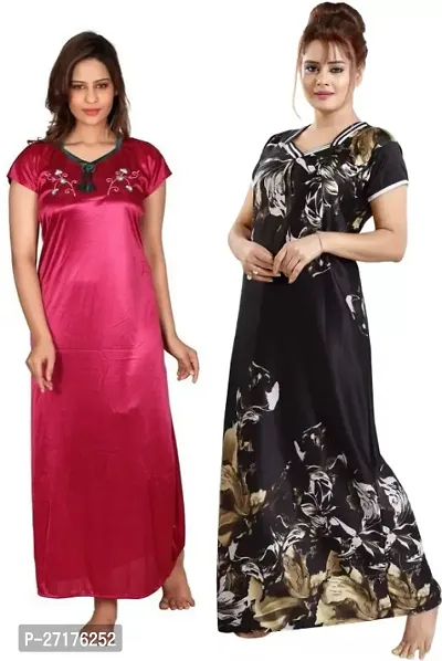 Stylish Multicoloured Satin Nighty For Women Pack Of 2-thumb0