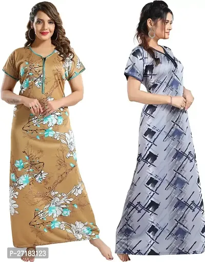 Stylish Multicoloured Satin Nighty For Women Pack Of 2