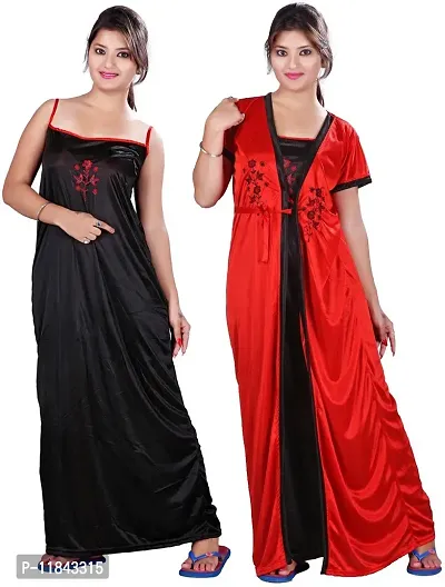 Elegant Multicoloured Satin Solid Nighty Set For Women