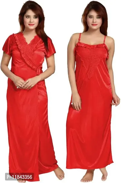Elegant Red Satin Solid Nighty Set For Women