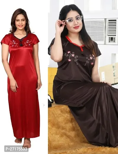 Stylish Multicoloured Satin Nighty For Women Pack Of 2