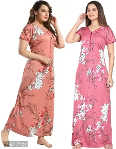 Stylish Multicoloured Satin Nighty For Women Pack Of 2-thumb0