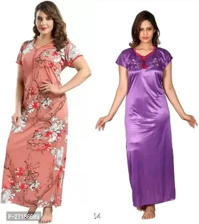 Stylish Multicoloured Satin Nighty For Women Pack Of 2