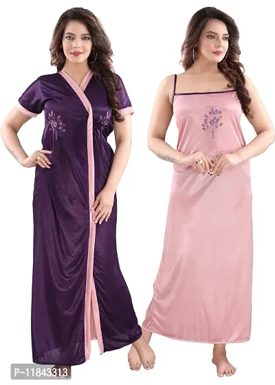 Elegant Purple Satin Embroidered Nighty Set For Women