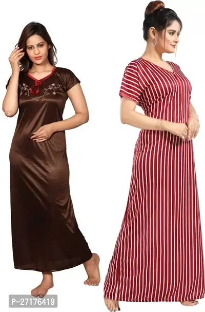 Stylish Multicoloured Satin Nighty For Women Pack Of 2