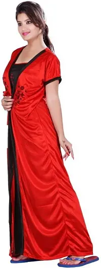 Elegant Red Satin Embroidered Nighty Set For Women, Combo-thumb2