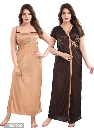 Elegant Beige Satin Printed Nighty With Robe For Women-thumb0