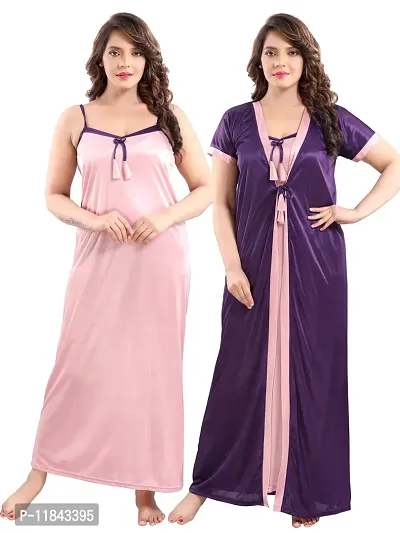 Elegant Purple Satin Solid Nighty Set For Women-thumb0