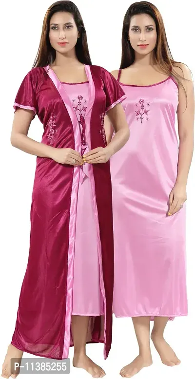 Classy Satin Embroidered Nighty with Robe For Women Pack Of 2-thumb0