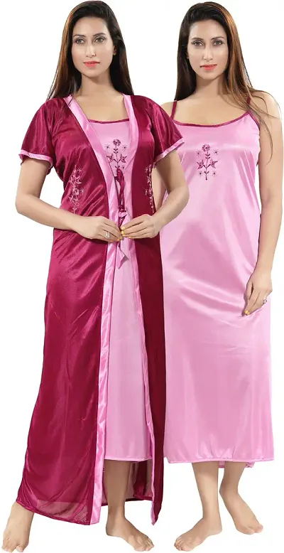 Classy Satin Embroidered Nighty with Robe For Women Pack Of 2