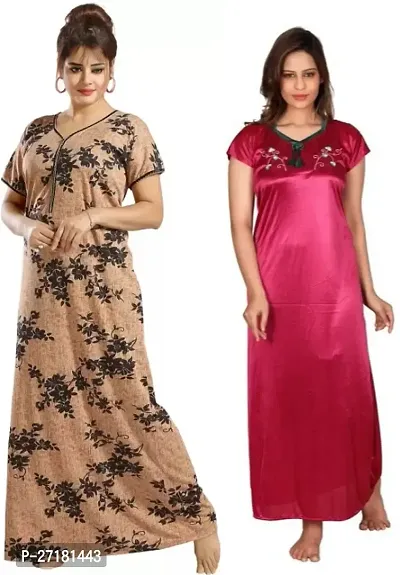 Stylish Multicoloured Satin Nighty For Women Pack Of 2