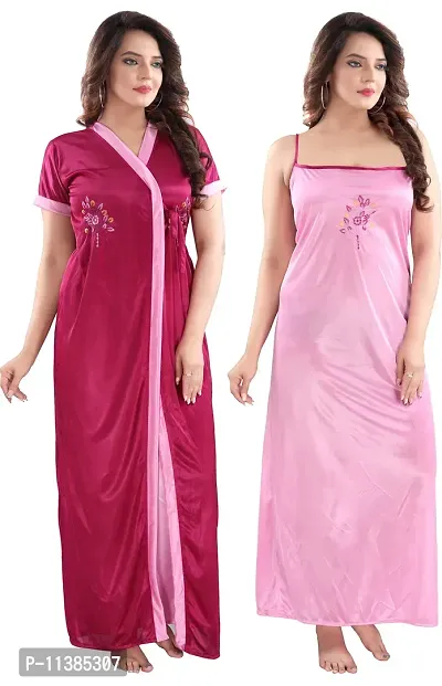 Classy Satin Solid Nighty with Robe For Women