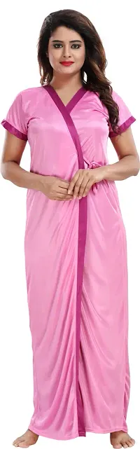 Stylish 2-IN-1 Satin Solid Nighty With Robe For Women