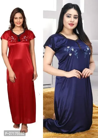 Stylish Multicoloured Satin Nighty For Women Pack Of 2