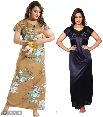 Stylish Multicoloured Satin Nighty For Women Pack Of 2