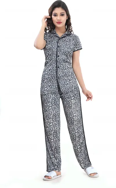 Classy Satin Animal Print Shirt and Pyjama Set For Women/Nightsuits For Women