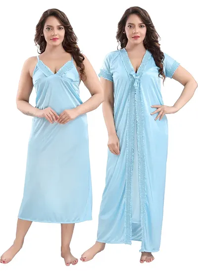 TRUNDZ Women's Satin Solid Maxi Nighty(Pack of 2)