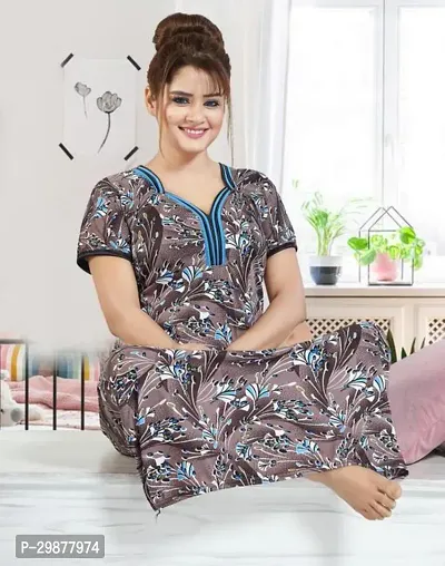 Elegant Brown Satin Printed Nighty For Women-thumb0