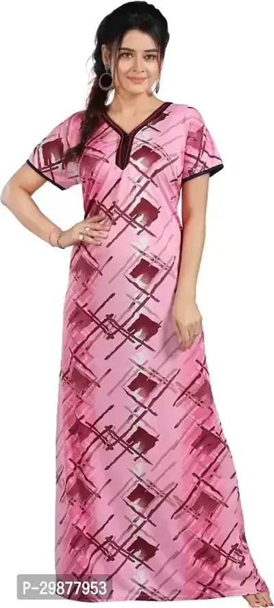 Elegant Pink Satin Printed Nighty For Women