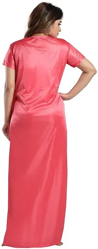 Elegant Pink Satin Solid Nighty Set For Women-thumb1