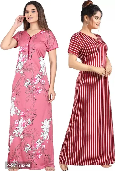 Stylish Multicoloured Satin Nighty For Women Pack Of 2-thumb0